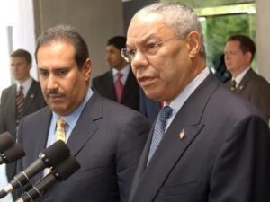 مؤتمر صحفي لكولن باول مع حمد بن جاسم في أمريكا