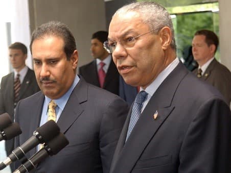 مؤتمر صحفي لكولن باول مع حمد بن جاسم في أمريكا